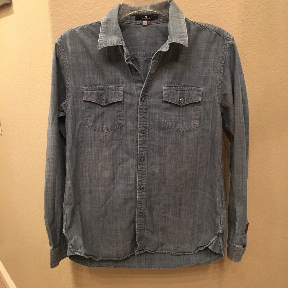 7 FOR ALL MANKIND Women Blue Denim Organic Cotton Long Sleeve Top Size Small